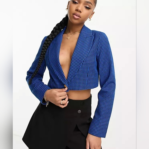 Miss Selfridge Cropped Blazer in Blue Check Size 10